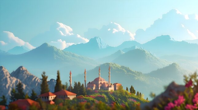 Serene blue mountains in Antalia Turkey with lush green forests and majestic peaks under a clear sky with a few puffy white clouds, featuring traditional Turkish architecture in the distance, with ter
