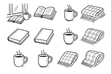 Coffee vector mug setup book icon lover blanket s reading line morning