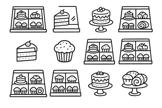 Muffins pastry vector icon collection artistic sketch cakes showcase bakery rolls