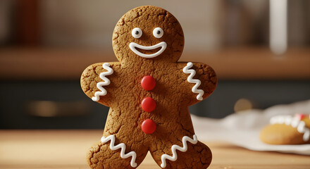 Gingerbread man cookie with icing and candy buttons on a table