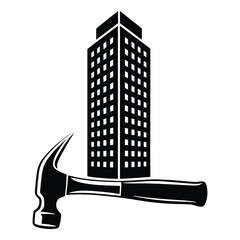 Construction and development concept showing a hammer in front of a building isolated on white background