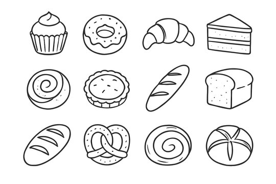 Vector clean line layout pastries bakery icon minimalist icons bread doodle