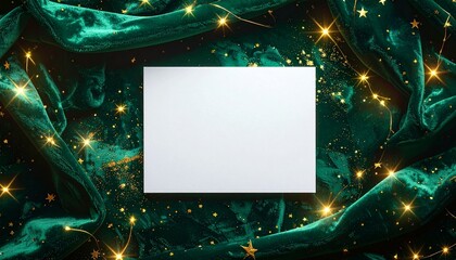 A minimal white card placed on emerald velvet with glowing gold stars for a rich holiday aesthetic