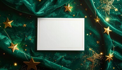 A minimal white card placed on emerald velvet with glowing gold stars for a rich holiday aesthetic