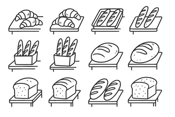 Counter vector ink drawing minimal loaves baguettes set croissants icon bakery