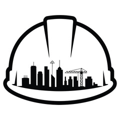 Construction worker helmet with city skyline inside isolated on white background, symbolizing urban development and safety