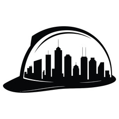 Construction worker hard hat with city skyline silhouette isolated on white background for construction company