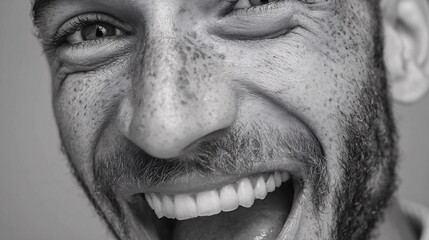 Close-up portrait of happy man with freckles smiling in black and white