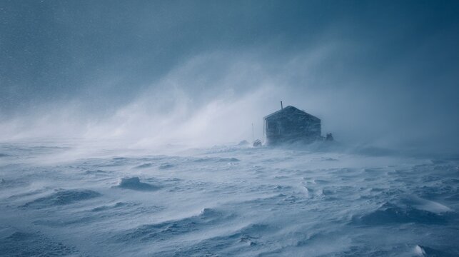 Harsh winter landscape with hut