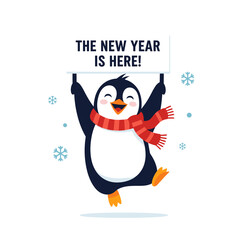 Naklejka premium Joyful penguin wearing a scarf holding a sign 