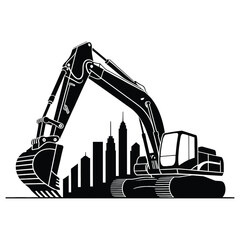 Excavator with a city skyline isolated on white background heavy construction equipment in front of skyscrapers