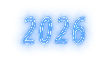 Blue 2026 Neon Sketch on Transparent Background.Frosted New Year 2026 Hand-Drawn Neon Effect for Party and Promo Designs