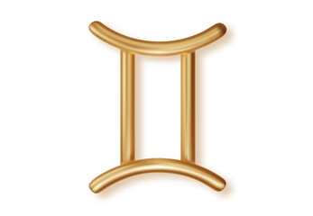 3D metallic gold Gemini zodiac symbol isolated. Elegant glossy horoscope icon for astrology readings, mystic artworks and celestial spiritual design