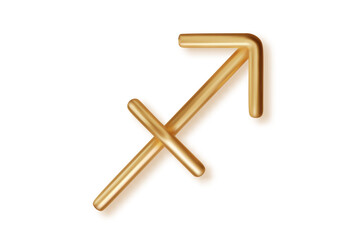 3D golden Sagittarius zodiac icon with metallic shine. Realistic archer symbol isolated for astrology forecasts, mysticism design and celestial decoration
