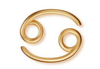 Realistic 3D gold Cancer zodiac sign with reflective metallic shine. Luxury astrology symbol for horoscope charts, mysticism themes and celestial decoration