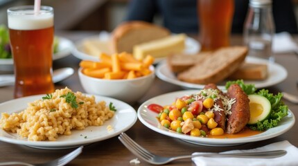 Delicious brunch spread with scrambled eggs salad and bread