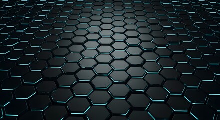 Futuristic Dark Hexagonal Metal Grid with Glowing Cyan Outlines