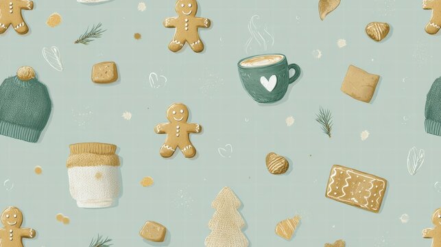 Pastel gingerbread layout blending candy curves with small trees in soft winter tones.