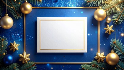 A white postcard surrounded by sparkling midnight-blue bokeh and a thin elegant gold border