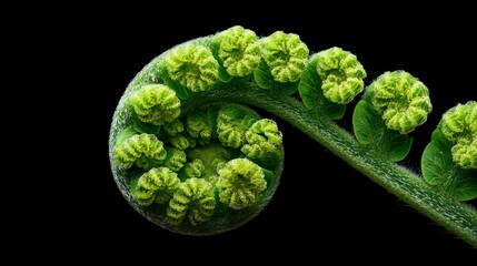 Obraz premium Close-up of Green Fern Frond Curling with Dark Background
