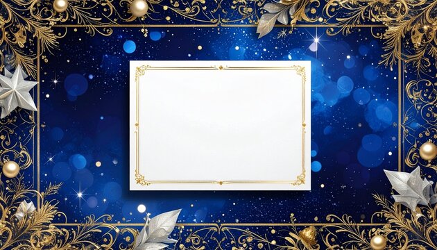 A white postcard surrounded by sparkling midnight-blue bokeh and a thin elegant gold border
