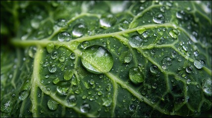 Close-up of green leaf with fresh water droplets in natural light