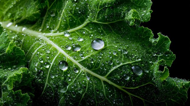 Close-up of Fresh Green Kale Leaf with Water Droplets on Black Background