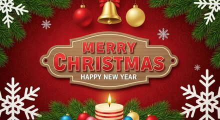 A festive christmas scene with a wooden sign reading merry christmas and happy new year, surrounded by ornaments, snowflakes, and a lit candle on a red background