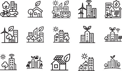  Bold green city icon set featuring eco buildings, clean energy, sustainability, nature and urban elements.