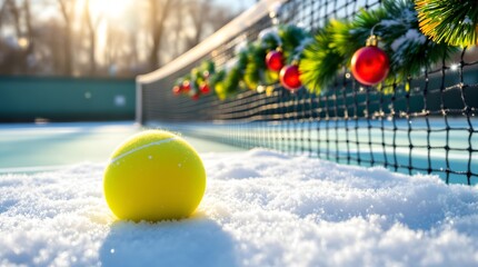 Obraz premium yellow tennis ball on snow, snow covered tennis court, tennis net, winter landscape, snowy forest, warm sun rays, dramatic lighting