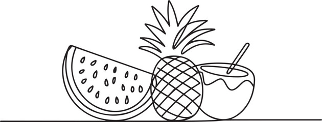 Continuous line design of watermelon, pineapple and coconut on the beach. one line Icon drawing with white background