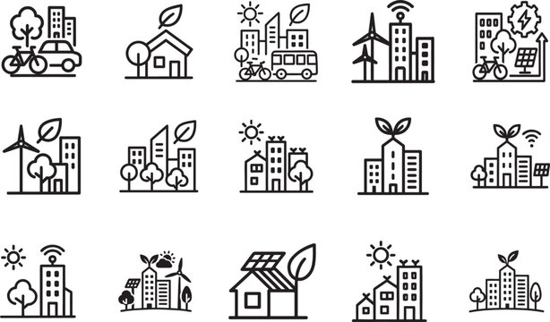  Bold green city icon set featuring eco buildings, clean energy, sustainability, nature and urban elements.