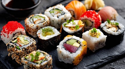 Assorted sushi platter with fresh nigiri and maki rolls on black slate