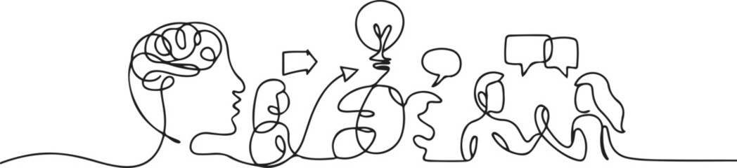 Continuous one line design of ideas in communication. one line Icon drawing with white background
