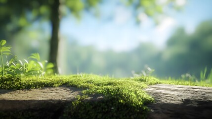 Lush green moss covers a natural wooden surface with a bright forest background