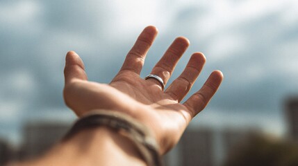Outstretched hand reaching towards cloudy sky with blurred city background