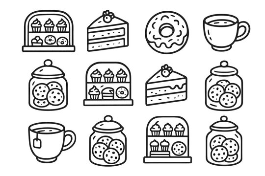 Treats icon set bakery corner donut jar cup sweet slice vector cake
