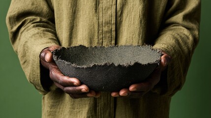 Close-up of hands holding dark cracked ceramic bowl with green background