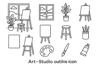 Peaceful vector art view icon easel set studio composition stool window icons