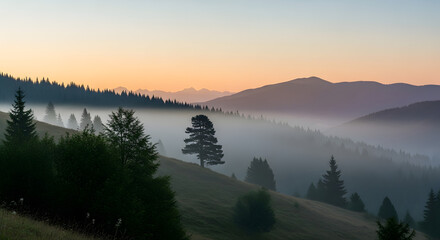 Foggy mountain landscape with trees at sunrise in the early morning