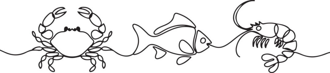 Continuous line design of crabs, fish and shrimp. one line Icon drawing with white background