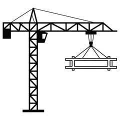 Silhouette of a construction crane lifting a load, isolated on white background, providing a clear and simple illustration