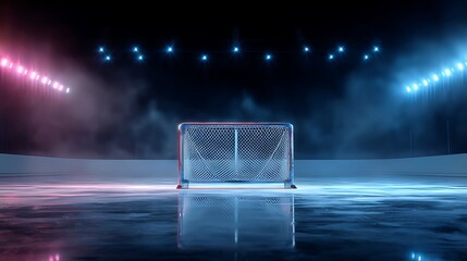 An empty ice hockey goal illuminated by dramatic stadium lighting effects