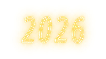 Yellow 2026 Neon Sketch on Transparent Background.Warm Hand-Outlined New Year 2026 Neon for Invitations, Cards and Event Graphics