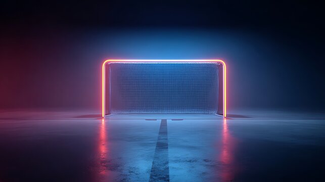 Neon illuminated soccer goal on a dark reflective surface