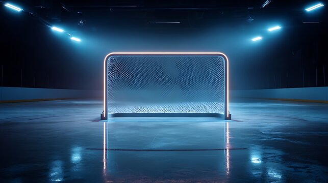 An empty hockey goal illuminated by bright stadium lights on ice - Powered by Adobe
