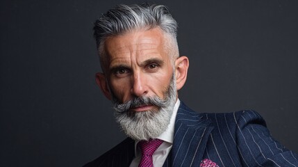 Obraz premium Confident mature man with gray hair and beard wearing striped suit against dark background