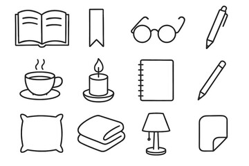 Pillow vector page glasses ribbon bookmark pen cup reading icons folded essentials