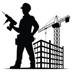 Silhouette of a construction worker with a drill and a construction site isolated on white background