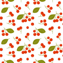 Rowan seamless pattern. Red berries, twigs with berries and leaves on white background. Hand draw design for wrapping paper, wallpaper, fabric, textile and etc. Vector illustration.